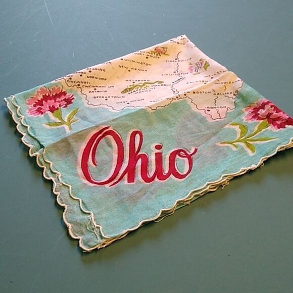 Vintage Ohio Map Handkerchief Floral scalloped Edges Travel Towns Building's - Picture 8 of 8